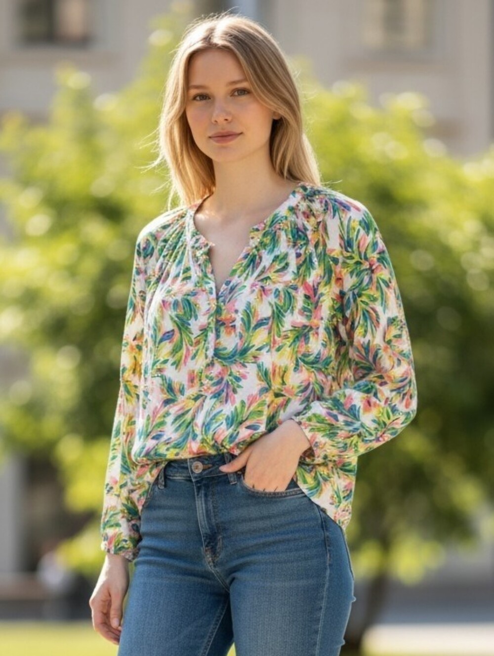 Stella Parker Cotton Women’s Multicolor Floral Henley Top